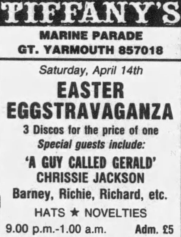 14 April: A Guy Called Gerald Live, Tiffany's, Great Yarmouth, Norfolk, England